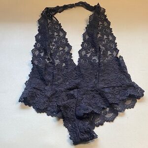 Adore Me Black Floral Lace Halter Bodysuit